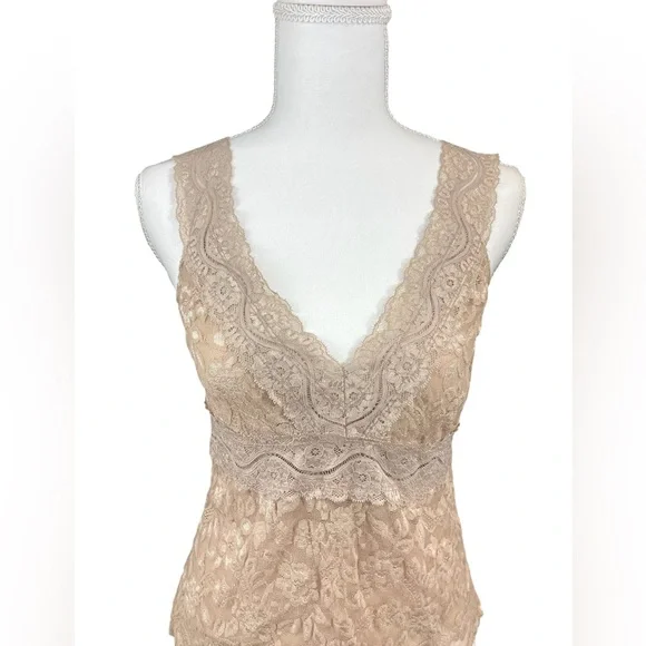 Vintage Y2K Tan Beige Babydoll Floral Lace Tank Top MEDIUM Fairy Girly 90’s - Picture 2 of 10